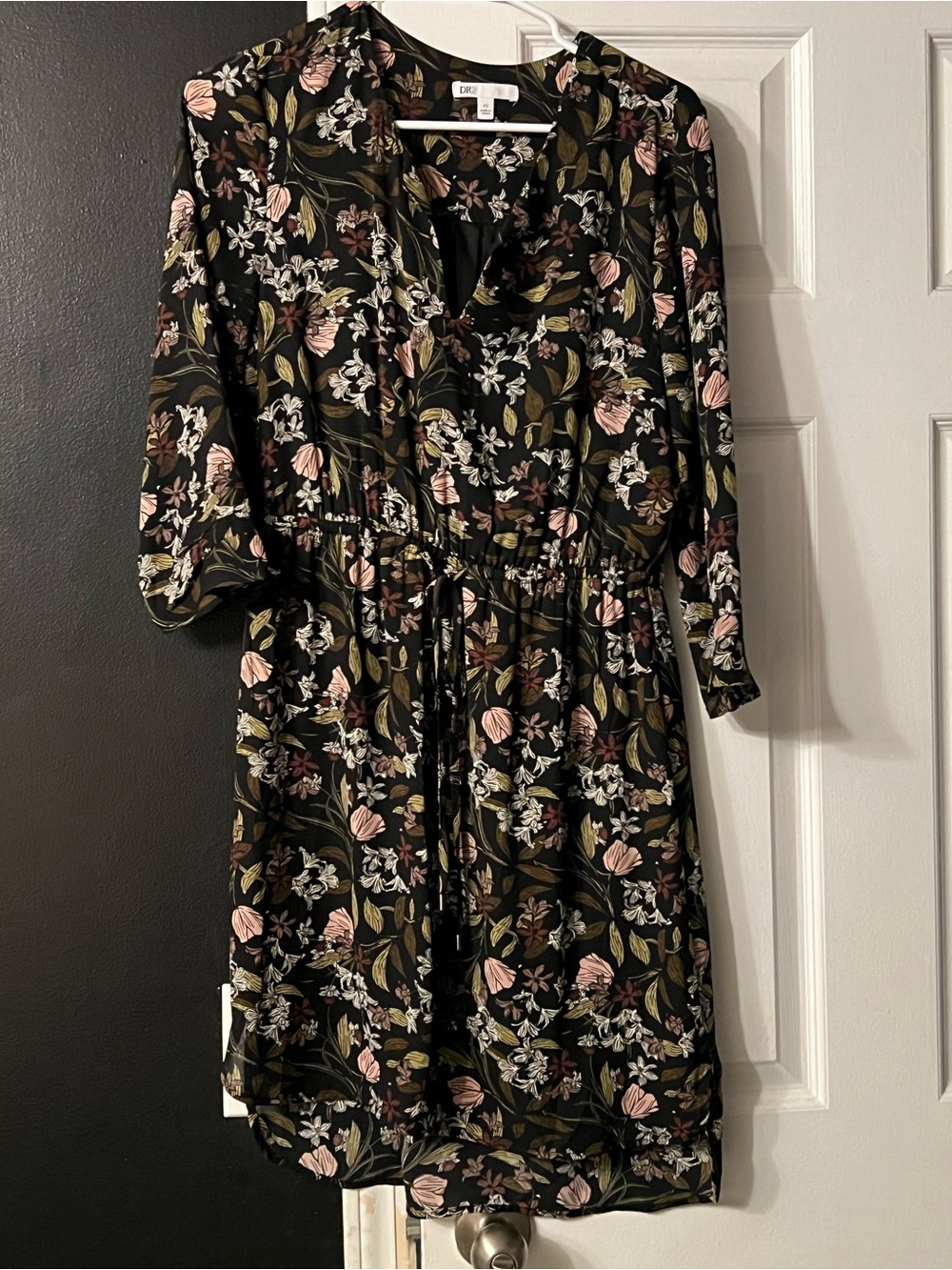 DR2 Black Floral Drawstring Long Sleeve Midi Dress - Pink & Olive